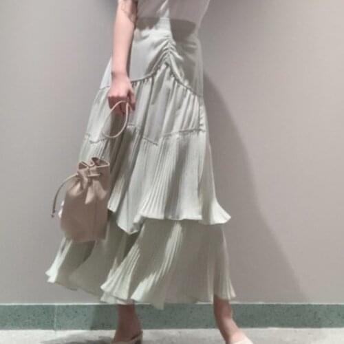 2021 Spring New Fashion Solid Long Skirts Japan Style Temperament Irregular Pleated Skirt Cascading Ruffle Patchwork Jupe