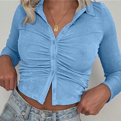 2021 New Women Button Up Collar Shirt Solid Long Sleeve Crop Top Sexy Basic Slim Fashion Ladies Ruched T Shirt Streetwear