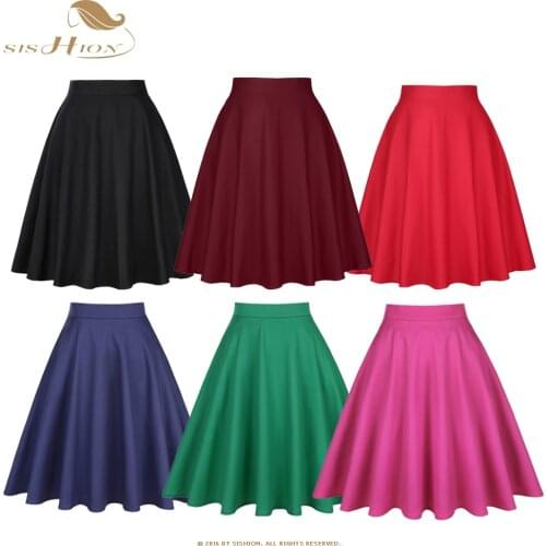 Sishion Elegant Green Skirt High Waist Solid Color Summer Spring Swing 50s Vintage Retro Rockabilly Midi A-line Skirts Faldas