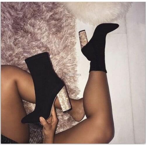 2021 New Autumn Winter Stretch Fabric Women Boots Fashion Round Toe Ankle Boots Bling High Heels Woman Socks Boots