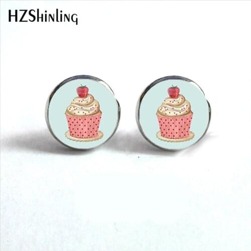 NES-00106 Cupcake Earrings Kawaii Cupcake Stud Earrings Women Sweet Jewelry Glass Cabochon Earrings Handmade HZ4