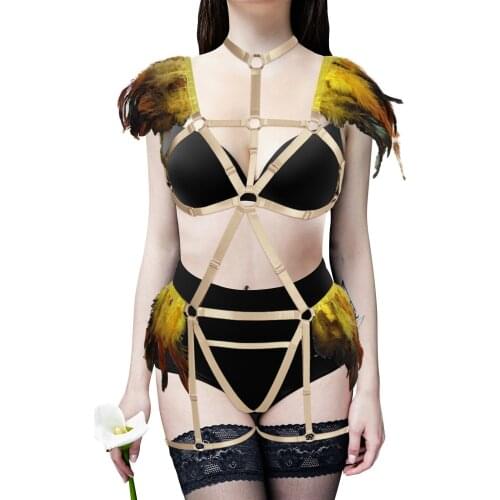 Women Sexy Feather Harness Set Thigh Leg Garter Bra Belts Body Bondage Strappy Gothic Erotic Stockings Suspender Fetish Costume