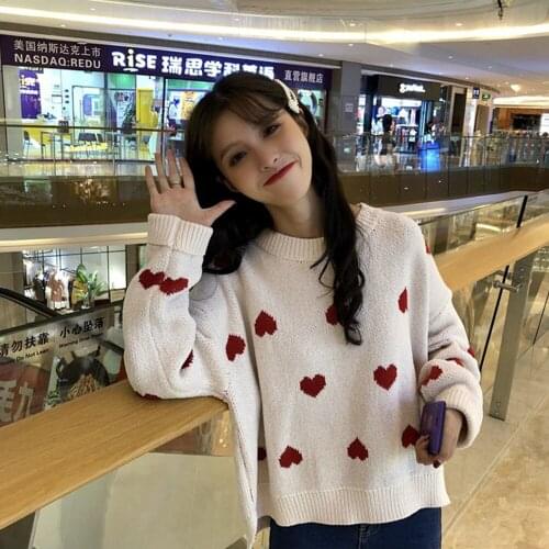 Women Cute Heart Pattern Print Knitting Pullover Fashion Female Casual Loose Jumper Autumn Winter Ladies Casual Sweaters