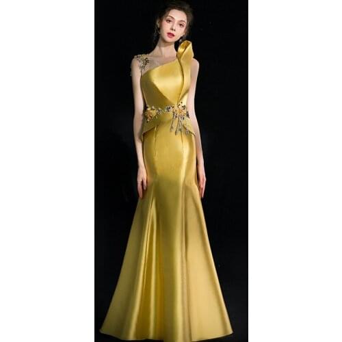 Golden Evening Dress Female 2021 New Banquet Temperament Long Fishtail Host Annual Party Performance Evening Gown A314