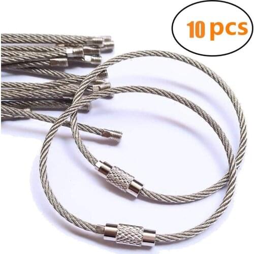 10Pcs Stainless Steel Wire keychain Ring Key keyring Circle Rope Cable Loop Outdoor Camping Hiking Luggage Tag Screw Lock 5.9"