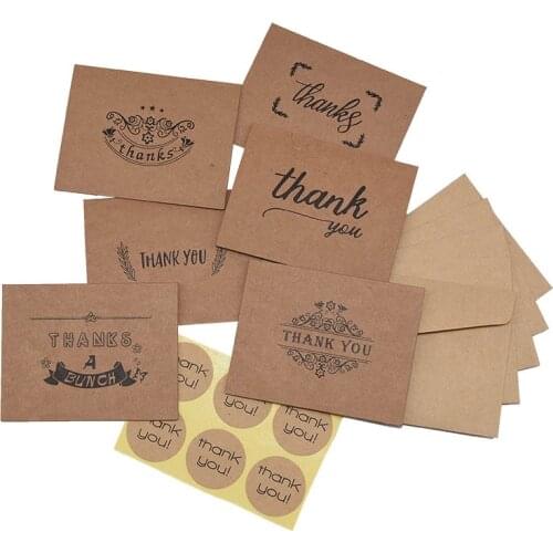 6 Sets Retro Kraft Paper Thank You Cards Envelopes Stickers for Birthday Thanksgiving Day Decoration Blessing Greeting Supplies