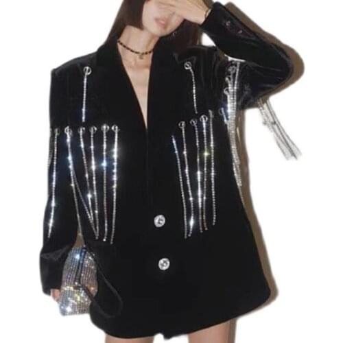Heavy industry fashion autumn rhinestone velvet blazer tassel chain women loose British style handsome cool small suit