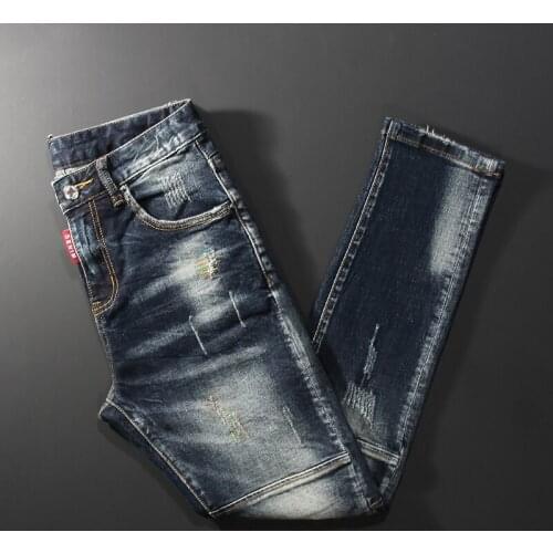 Streetwear Denim Punk Trousers Retro Black Blue Fashion Designer Ripped Jeans Men Spliced Elastic Slim Fit Hip Hop Biker Pants