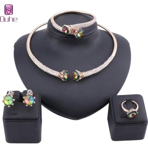 Exquisite Dubai Gold Color Crystal Jewelry Set Nigerian Wedding woman Accessories Costume Necklace Earring Jewelry Set