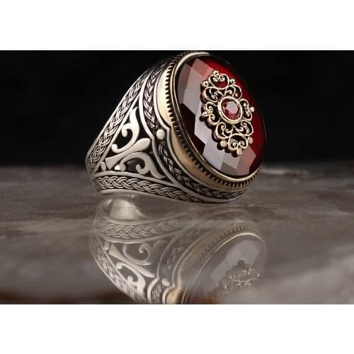 Red Zircone Traditional Turkish 925 Silver Mens Handmade Signet Rings Jewelry Gift From Turkey for Women Men