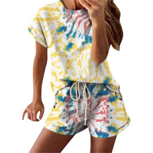 Summer 2021 Women Set Tie Dye Long Sleeve Top T-Shirt And Shorts Outfits Casual Suit Loose Two Piece Sets Sleepwear Homewear