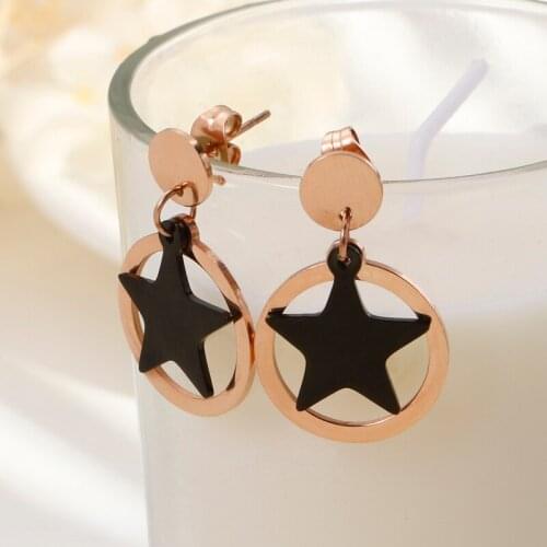 Fashion Women Big Black Star Earrings Dangle Rose Gold Color Stainless Steel Round Stars Moon Drop Earrings Jewelry