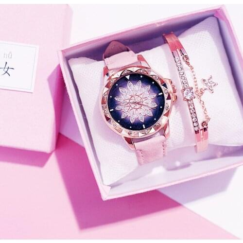 Fashion Leather Strap Women Watches Diamond Starry Sky Ladies Watch Bracelet Set Female Wristwatch Girls Clock Relogio Feminino