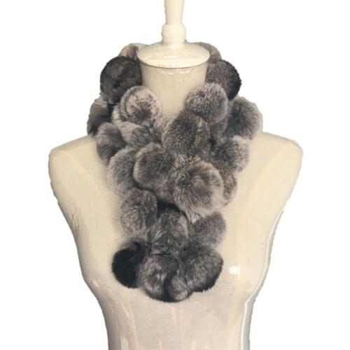 Autumn Winter Womens Genuine Real Rex Rabbit Fur Neck Rings Muffler Lady Warm Pom Pom Scarf Handmade Neck Warmers VF5024