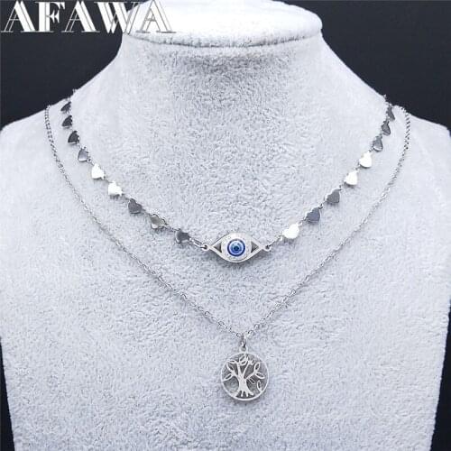 2PCS Islam Muslim Turkish Eyes Stainless Steel Crystal Necklaces Silver Color Tree of Life Layered Necklace Jewelry N3787S01