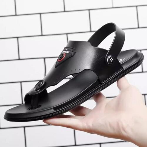 Summer Mens Sandals Clip Toe Leather Casual Shoes Anti Slip Comfortable Dual Purpose Beach Shoes Slippers Black Size 38-44