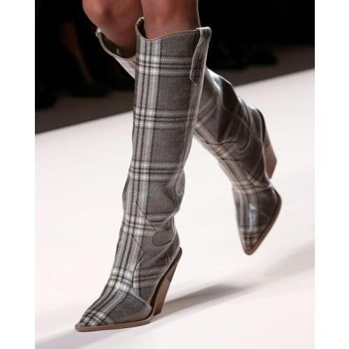 Genuine Leather Snakeskin Knee High Boots Pointed Toe Cone Heels Runway Boots Sexy Winter Tight High Wedge Boots Plus Size 10
