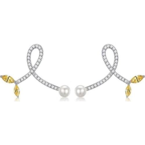 SOELLE New 925 Sterling Silver Pearl Leaf Crossed Earrings 2 Tone Cubic Zircon Crystal Women Wedding Party Brand Design Jewelry