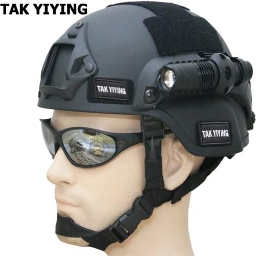 TAK YIYING MICH 2000 Style ACH Tactical Helmet with NVG Mount and Single Clamp 1" 25.4mm Mount W/ Mini T6 LED Flashligh BLACK