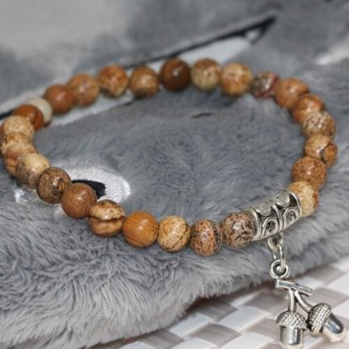 Tibet silver-color accessory natural Picture stone round beads 6mm women strand bracelet vintage elastic jewelry 7.5inch B1957