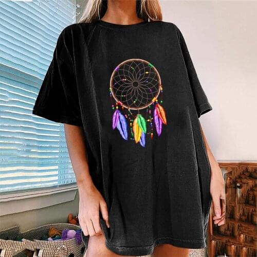 Vintage Feather Print Retro Women Tshirt Crew Neck Graphic Tees Shirt Femme Dorp Shoulder Summer Loose 2021 Woman Tshirts Tops