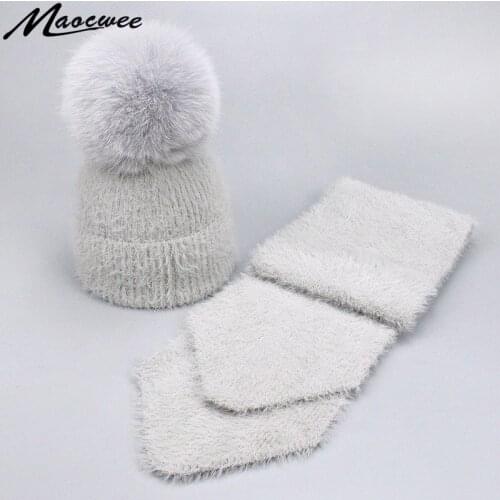 Girl Pom Pom Hat Winter Warm Real Fox Fur Pompon Beanies Caps Hats Scarves Sets Rabbit Fur Hat Scarf Soft Solid Casual Pom Bone