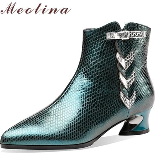 Meotina Women Shoes Genuine Leather Ankle Boots Thick Med Boots Pointed Toe Zipper Ladies Footwear 2021 Autumn Green 33-42 New