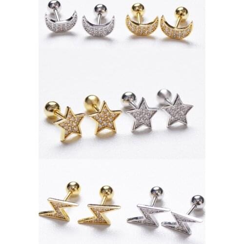 925 Sterling Silver Earring Simple Star Moon Lightning Small Zircon Screw Stud Earring Cute Sweet Ear Bone Nail Girl Ear Jewelry