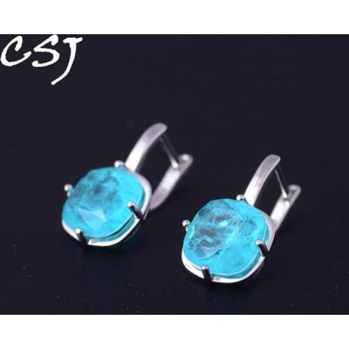 CSJ Elegant Paraiba Tourmaline Earrings Solid 925 Sterling Silver Gemstone for Women Fine Jewelry Party Wedding Gift Free Ship