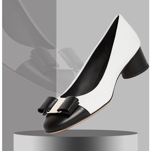 Chunky Heel Cap Toe White Pumps Bow Cute Ladies Shoes For Woman Mature Mid Heels Dress Party 2020 Spring Brand Big Size 42 43 44