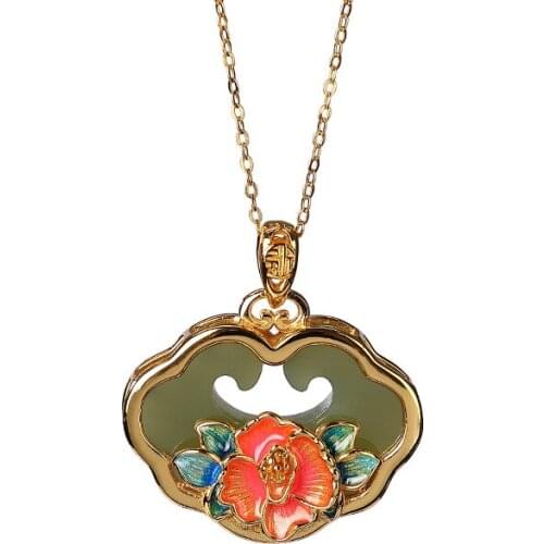 925 sterling silver gold plated cloisonne Hetian gray jade pendant vintage peony flower lock of good wishes womens pendant