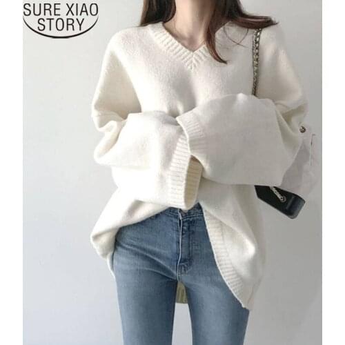 V-neck Pullover Loose Solid Knitted Sweater Women 2021 Long Winter Sweater Plus Size Chic New Lazy Style Clothes 11031