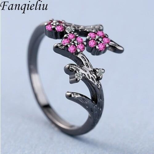 Fanqieliu Free Size Adjustable Cuff Wedding Bands Black Vintage Jewelry Pink Crystal 925 Sterling Silver Ring For Women FQL21232