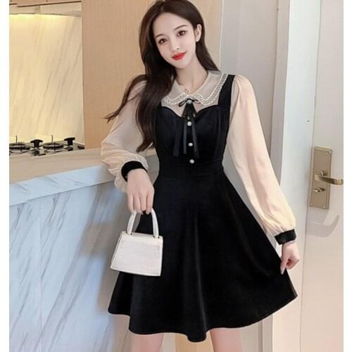 2021 Autumn Women Fashion Stylish Lace Patchwork Buttons Slim Fairy Dresses Vintage Long Sleeve Turn-down Collar Retro Dot Dress