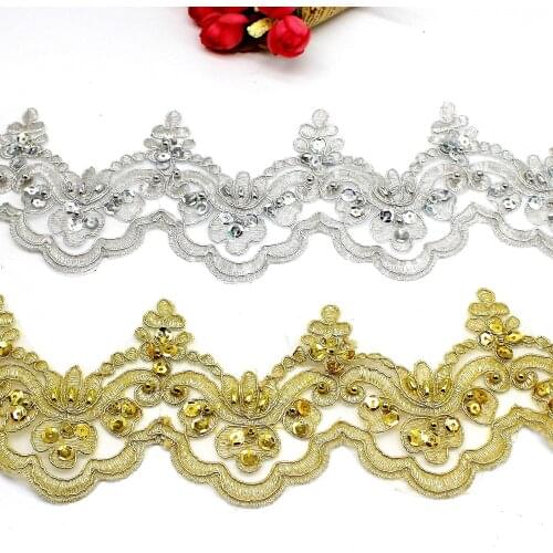 Beaded Wedding Lace Fabric 2 Yard Gold Sequined 3D Floral Embroidered Scalloped Bridal Organza Lace Applique 9CM