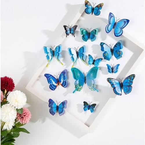 12Pcs Double Layer 3D Butterfly Wall Stickers Blue Butterflies Art Decals For Kids Room Wall Decoration Magnet Fridge Sticker