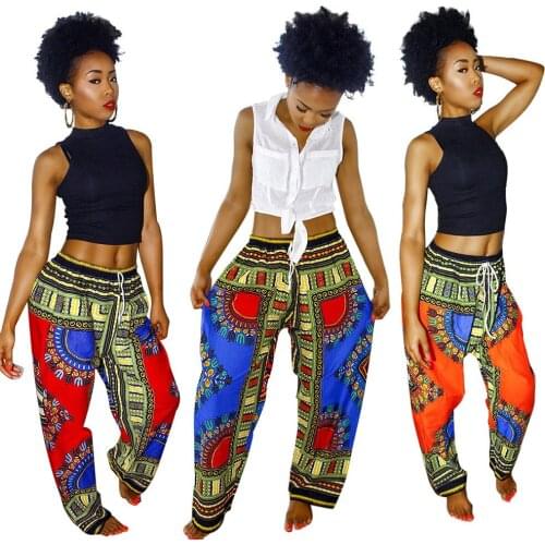 2018 New Style Dashiki Drawstring Waist Java Print Loose Pants Printing Fairview Embroidery Satin Pants Wide Leg Pants Loose