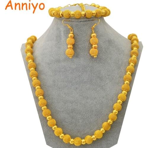 Anniyo 82cm Beads Necklace & 24cm Bracelets and Ball Earring for Women Fashion Gold Color Ball Jewelry Party sets #221806