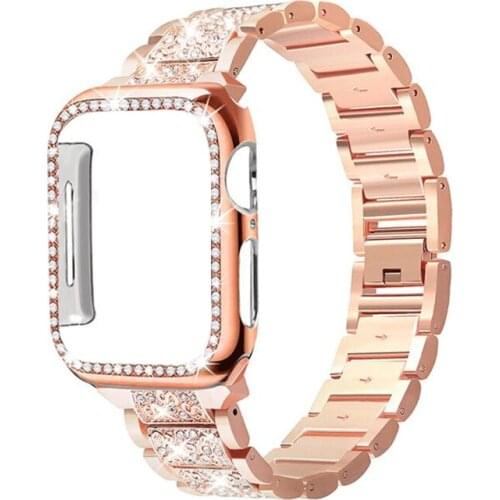 Diamond Case+strap for apple watch band 44mm 40mm 42mm 38mm 44 40 mm Stainless Steel bracelet correa iwatch serie 6 se 5 4 3 42