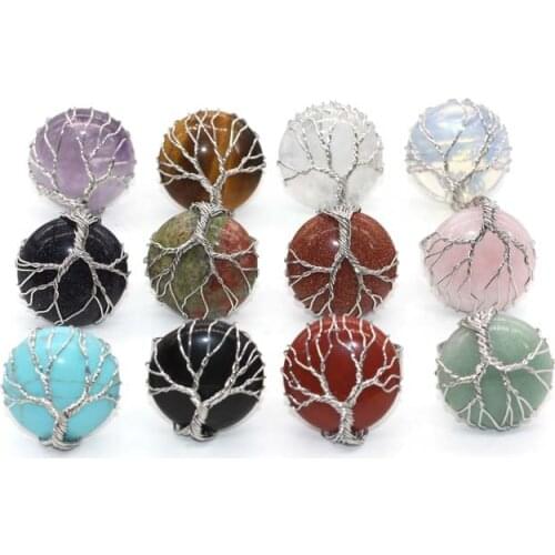 Reiki Healing Natural Stone Pink Quartz Black Obsidian Life Tree Wire Wrapped Crystal Rings Fashion Women Finger Ring Jewelry