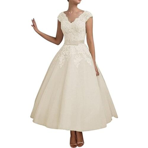 Sweet Lace Wedding Dresses V-Neck Bride Applique Short Tea Length Party Dress Open Back Princess Wedding Dresses