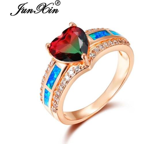 Mystic Fire Crystal Red Green Stone Heart Ring Blue Fire Opal Rings For Women Rose Gold Color Wedding Engagement Ring CZ