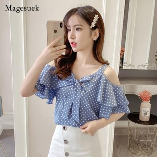 Fashion womens clothing womens summer blouses 2021 short sleeve dot chiffon women blouse shirt v-neck off sloulder top 3416 50