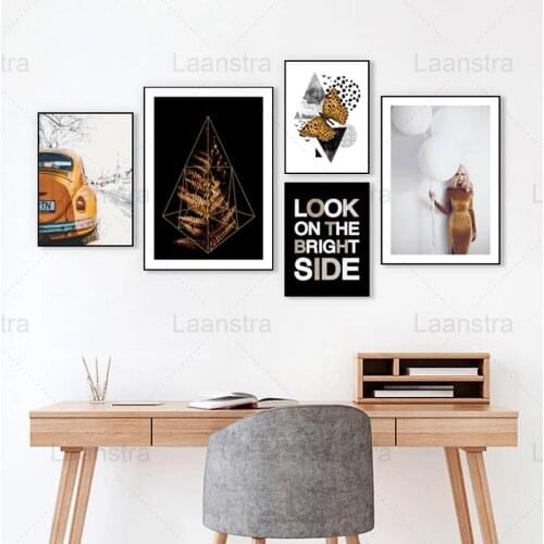 Nordic Wall Art Poster Print Retro Car Geometric Butterfly Fashion Girl Gold Leaf Modern Home Decor Living Room Canvas Painting