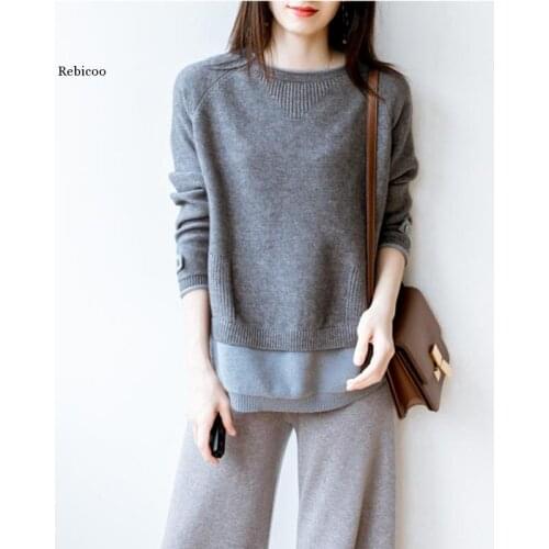 Autumn and Winter New Cashmere Sweater Female Loose Round Neck Casual Stitching Wool Outside Wearing Sweater Knit Short Pullover