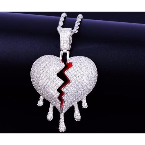 Cubic Zircon Broken Heart Pendant Necklaces Women Men Hip Hop Jewelry Fashion Iced Out Full Rhinestone Statement Necklace