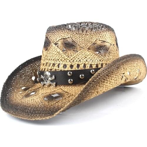 2019 Punk Brand Straw Hollow Western Cowboy Hat Women Men Handmade Fedora Sombrero Hombre Beach Cowgirl Jazz Sun Hat Size