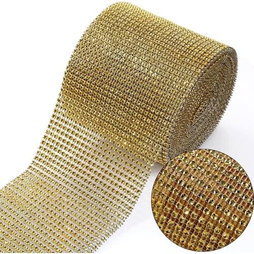 24Rows 4mm 10 Yards/Roll Rhinestones Mesh Trimming Sew On Rhinestones Golden Plastic Base Party Decorations Cake Ribbon Y2338