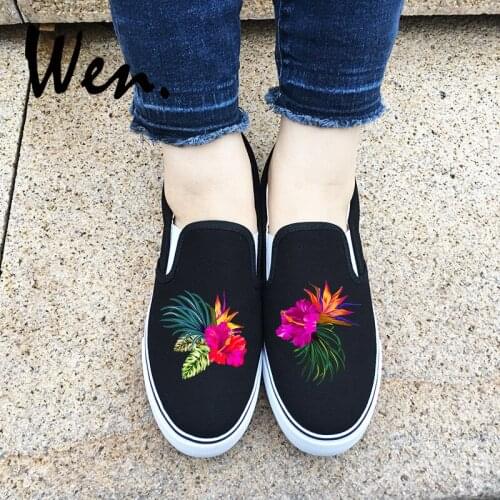 Wen Design Bright-colored Hibiscus Flowers Women Canvas Shoes Slip On Style Girls Sneakers Athletic Shoes Black White 2 Colors