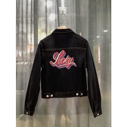 Women Jacket 2021 Early Autumn Casual All-match Embroidered 100% Cotton Black Denim Jacket